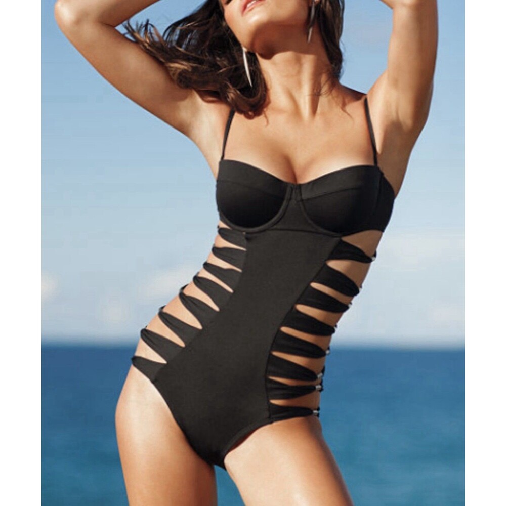 Victoria’s Secret Very Sexy Black Strappy Cage One Piece Swimsuit 34B
